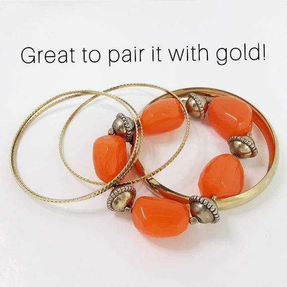 Vintage Elastic Orange-Gold Large Beaded Bracelet - Picture 1 of 6